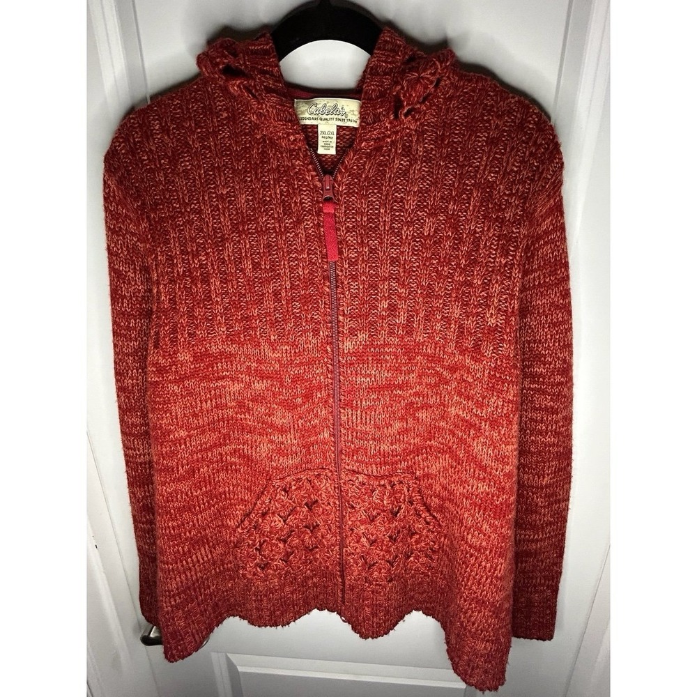 Vintage Y2k Cabela's Knitted Full Zip Sweater Jacket With Crochet Hood & Pockets